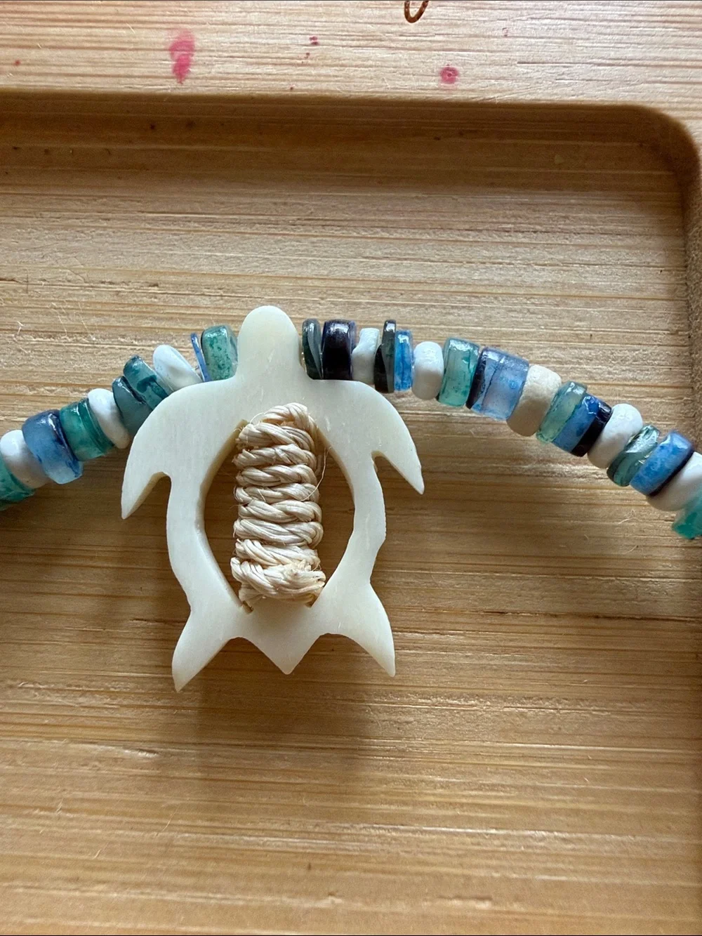 Hand Crafted Beaded Necklace with Turtle Pendant in Teal, Black and White